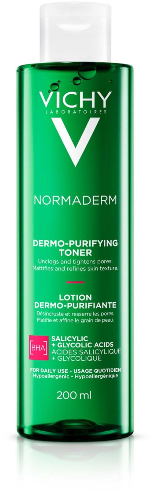 Eine lange grüne Flasche Vichy Normaderm Dermo-Purifying Toner mit weißem Deckel, Logo und Produktdetails.