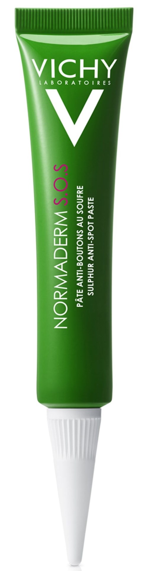 A green tube of Vichy Normaderm S.O.S. skincare cream with a white cap, designed for soothing skin problems.