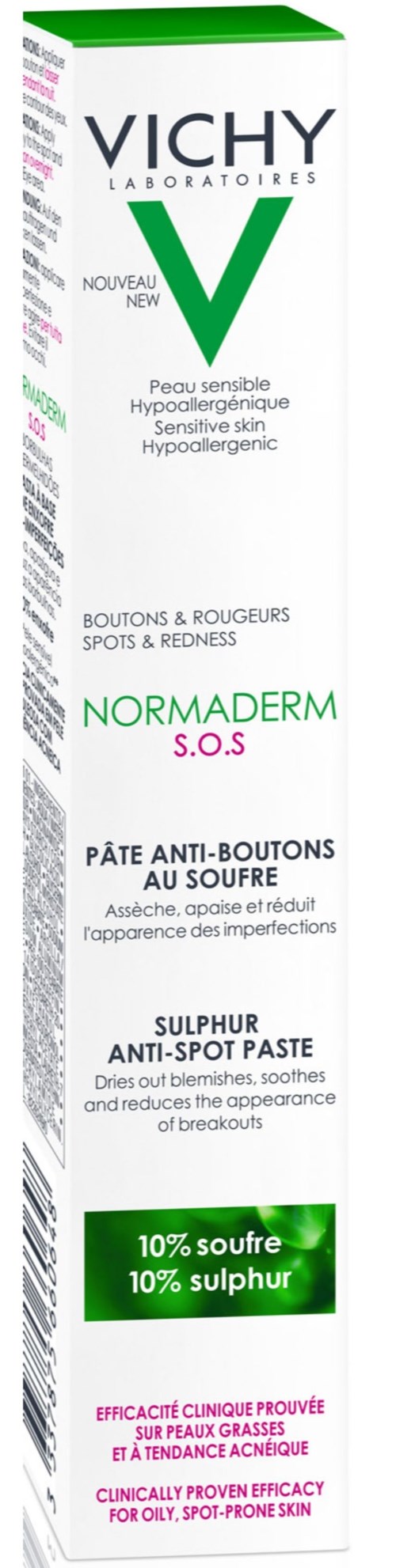Vichy Normaderm S.O.S. anti-spot and redness paste for sensitive skin with 10% sulfur. Removes pimples and reduces skin imperfections.