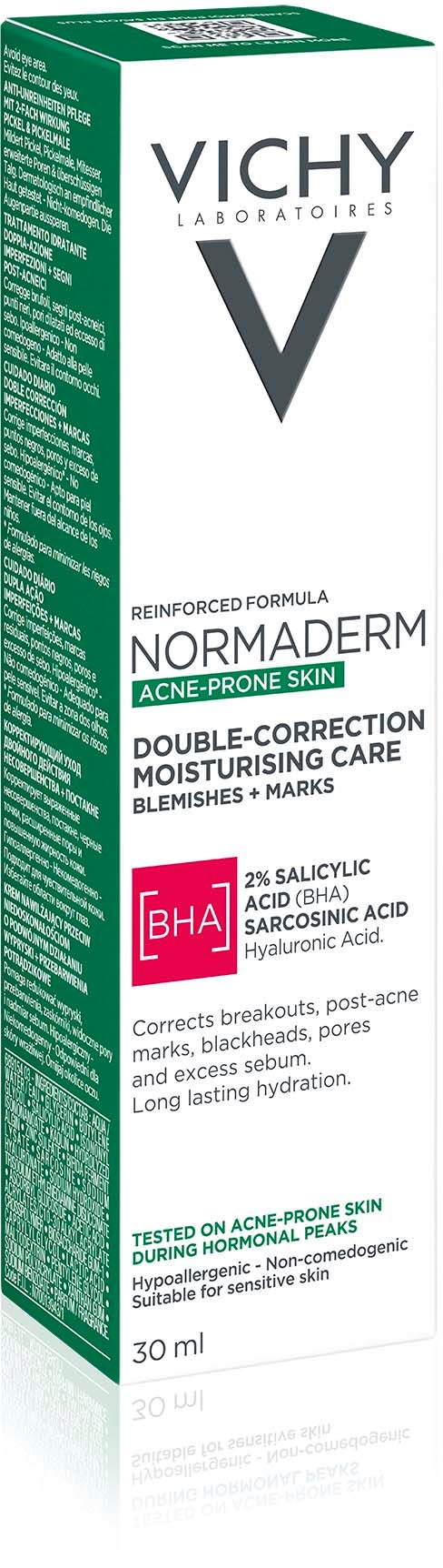 Vichy Normaderm hudvårdsförpackning för aknebenägen hud, innehållande 30 ml, med ingredienser som salicylsyra och hyaluronsyra.