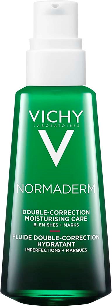 Eine grüne Vichy Normaderm Flasche mit weißen Pumpkopf, gekennzeichnet für doppelte Korrektur Feuchtigkeitspflege bei Unvollkommenheiten und Narben.
