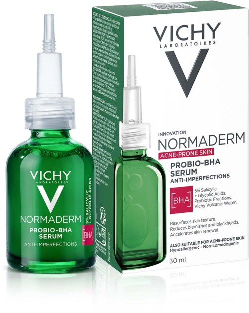 Grüne Flasche mit Vichy Normaderm Probio-BHA Serum und Verpackung, für zu Akne neigende Haut.