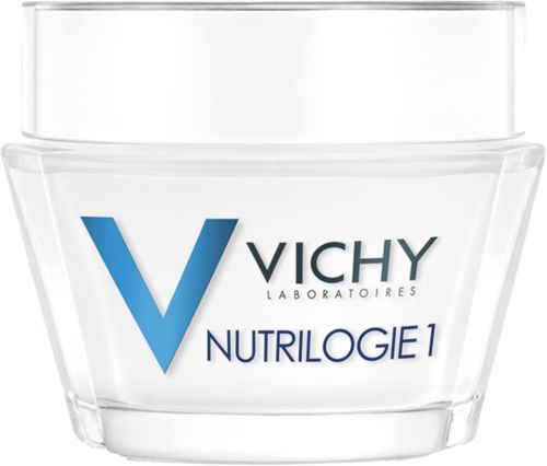 Ein Vichy Nutrilogie 1 Feuchtigkeitscreme-Topf mit weißem und schwarzem Deckel.