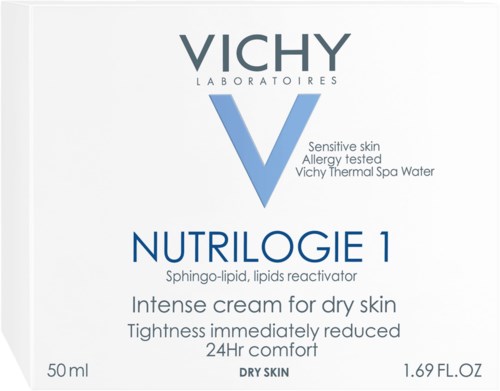 Eine Verpackung Vichy Nutrologie 1 Creme für trockene Haut, reduziert Spannungsgefühl und bietet Komfort, 50 ml/1.69 fl oz.