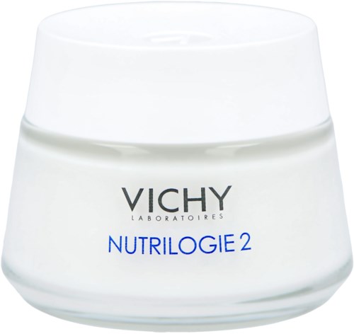 Ein weißer Behälter mit der Aufschrift Vichy Nutrilogie 2, wahrscheinlich ein Hautpflegeprodukt, mit einfachem Design und glatter Oberfläche.