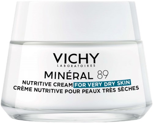 Vichy Minéral 89 nourishing cream for very dry skin in a white jar with black and blue text.