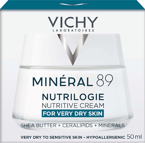 Vichy Mineral 89 Nutritive Cream for very dry skin with shea butter, ceramides, and minerals, in a white jar.