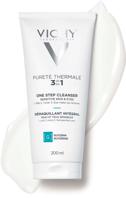 Eine weiße Tube mit Vichy Hautpflege, schwarz und blau bedruckt, als sanfter Reiniger für empfindliche Haut und Augen.