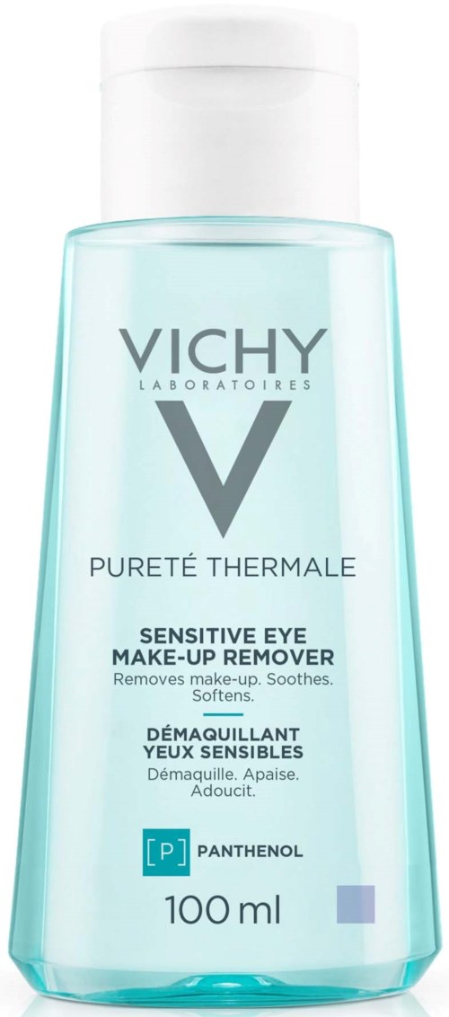 Een fles Vichy Pureté Thermale make-up remover voor gevoelige ogen, bevat panthenol, 100 ml.