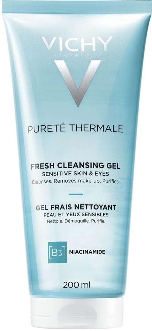 Vichy Fresh Cleansing Gel für empfindliche Haut und Augen, enthält Niacinamid, in einer 200 ml Tube.
