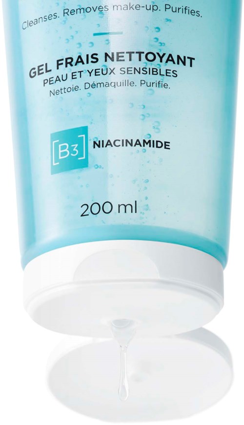 Blaues Gesichtsreinigungsgel mit weißem Verschluss, 200 ml, enthält Niacinamid, reinigt, entfernt Make-up und reinigt empfindliche Haut.