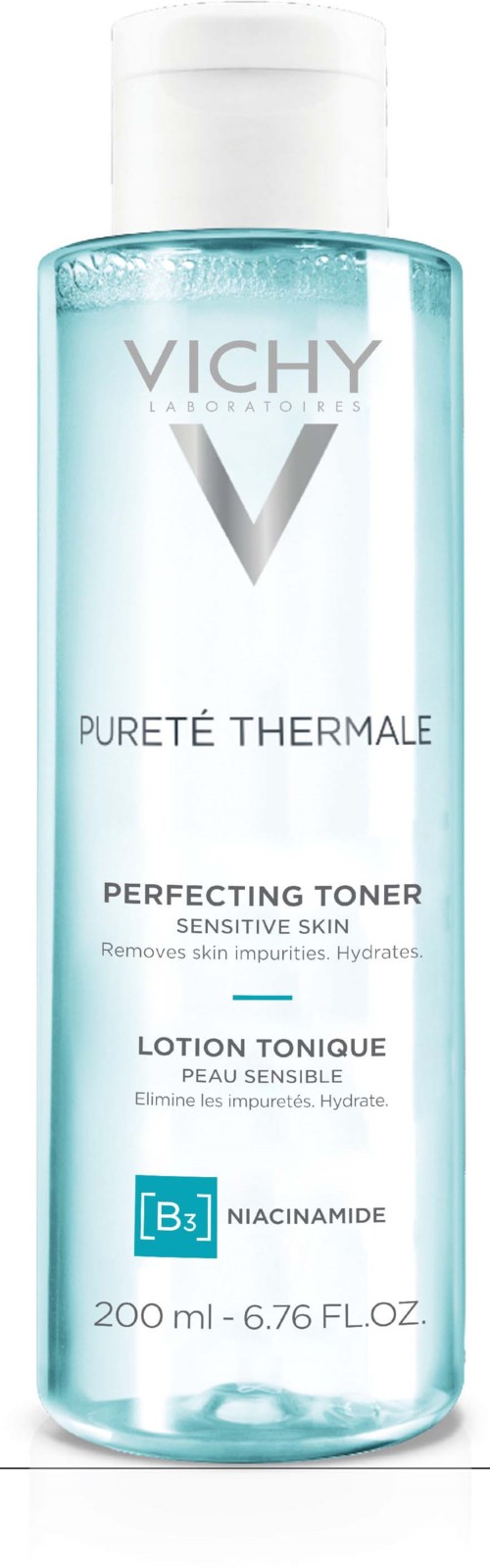 Eine klare Flasche Vichy Toner für sensible Haut mit blauer und weißer Beschriftung und weißem Deckel.
