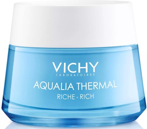 Ein Tiegel Vichy Aqualia Thermal Creme, blau und weiß, gekennzeichnet 'Riche-Rich' für nährende Haut.