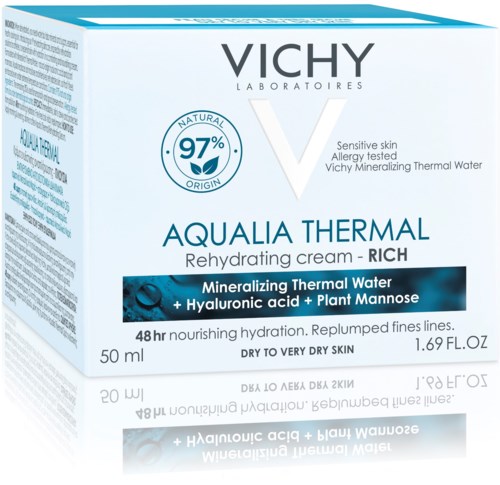 Vichy Aqulia Thermal feuchtigkeitsspendende Creme für trockene Haut mit Mineralwasser, Hyaluronsäure und Pflanzenmannose. 50 ml.
