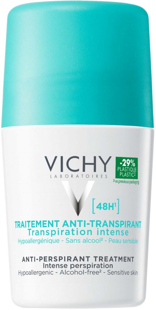 Vichy-antiperspirantfles met blauwe dop, witte body en blauwe tekst, belooft 48 uur bescherming en is alcoholvrij.