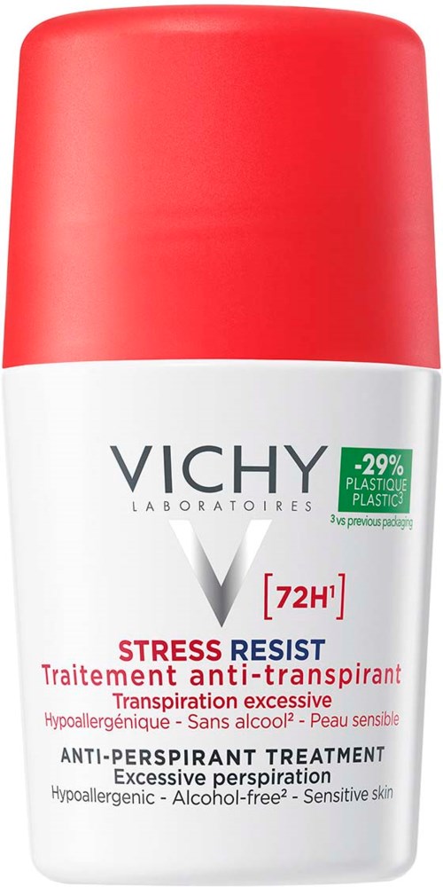 Eine weiße Vichy-Anti-Perspirant mit rotem Deckel, für Stressresistenz und übermäßiges Schwitzen.