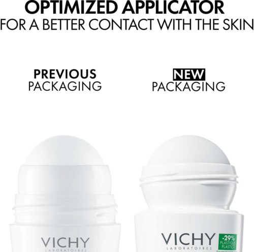 Ein Diagramm, das alte und neue Verpackung eines Vichy-Hautpflegeprodukts vergleicht und eine Änderung im Behälterdesign zeigt.