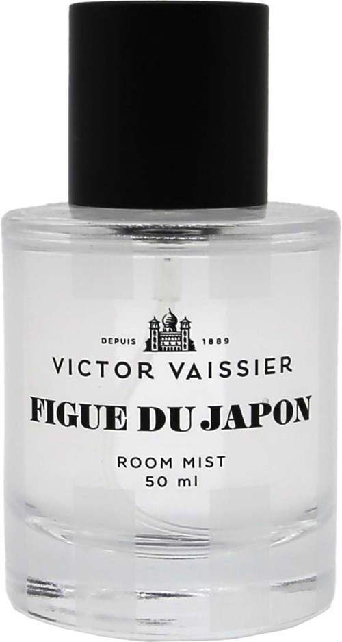 Eine klare Flasche Victor Vaissier Figue du Japon Raumspray mit schwarzem Deckel.