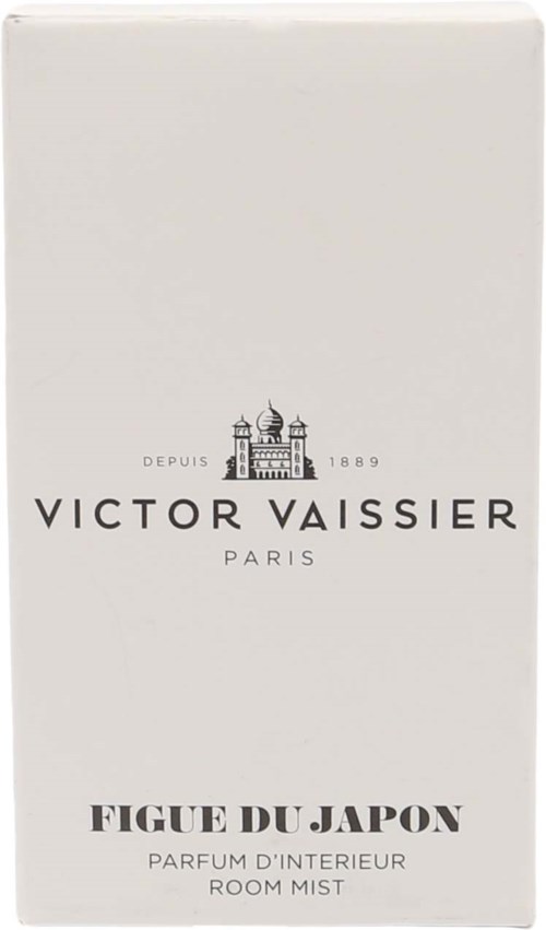 Eine schlichte weiße Schachtel mit schwarzem Text und einer kleinen Gebäudezeichnung. Es ist eine Parfümverpackung. Bekannt als Victor Vaissier.