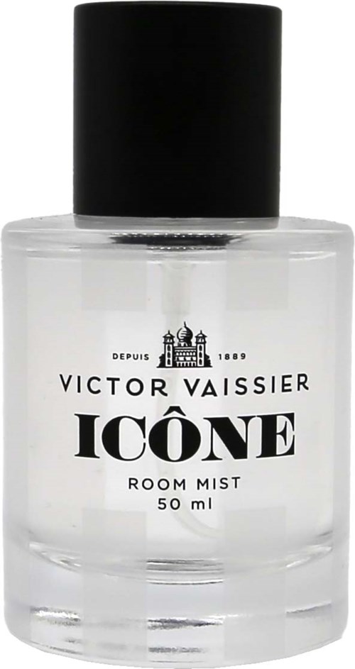 En klar glassflaske med svart lokk, merket Victor Vaissier ICÔNE RomdAsp, 50 ml.
