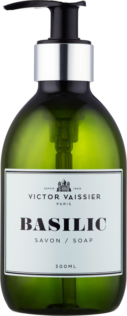 Eine grüne Seifenflasche mit Pumpkopf, gekennzeichnet 'Basilic' von Victor Vaisier, Paris, 300ml.