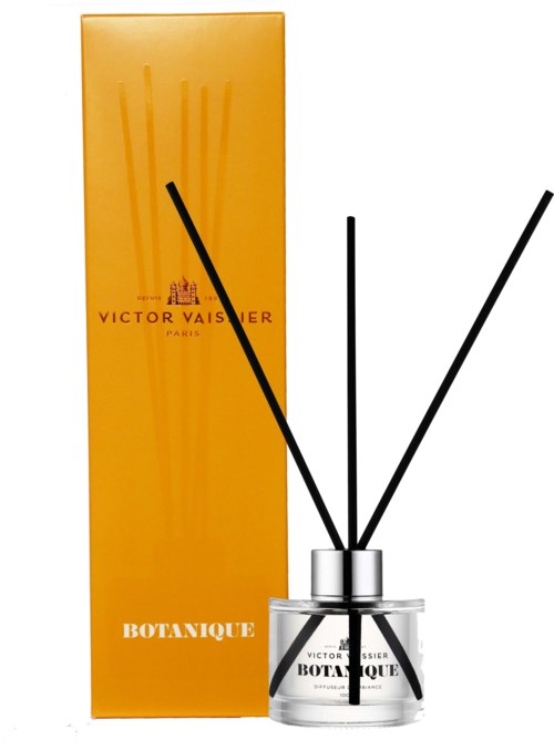 Ein Parfümflasche mit schwarzen Stäbchen und einer orangefarbenen Box mit der Aufschrift 'BOTANIQUE'.