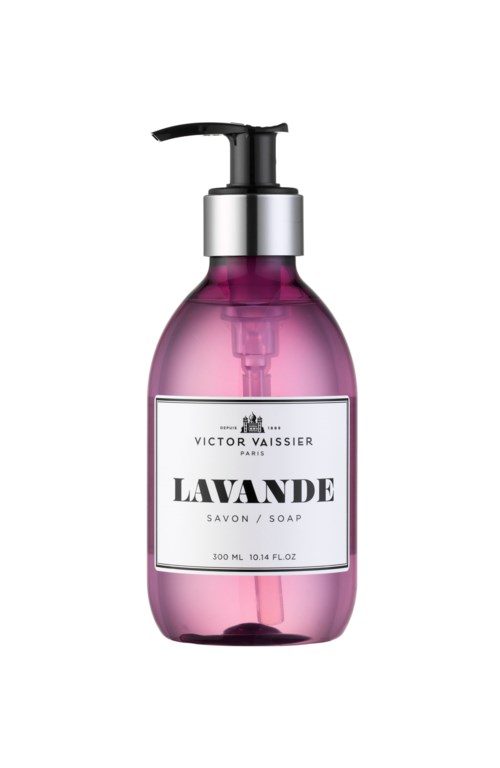 Rosa Seifenspenderflasche mit Pumpe, Etikett sagt Lavande, von Victor Vaissier, Paris.