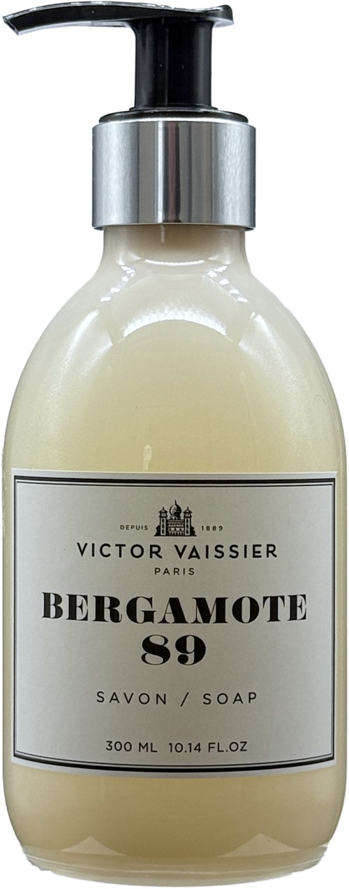 A white soap bottle with a black pump and a simple label, brand name Bergamote 89, from Victor Vaissier.