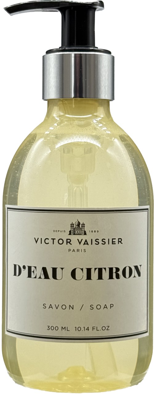 A soap bottle with a pump, labeled D'Eau Citron, by Victor Vaissier, from Paris, 300 ml.