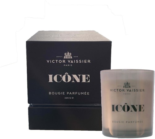 Eine schwarze Box und eine Kerze mit passenden schwarzen und weißen Etiketten, Marke Victor Vaissier und ICÔNE, im einfachen Design.