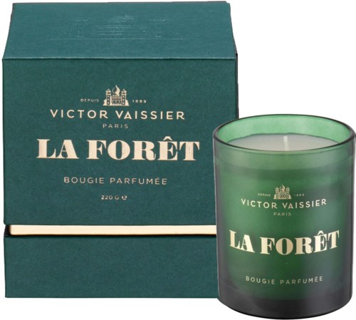 Eine grüne Duftkerze mit passender Box, bezeichnet 'La Forêt' von Victor Vaissier, Paris.