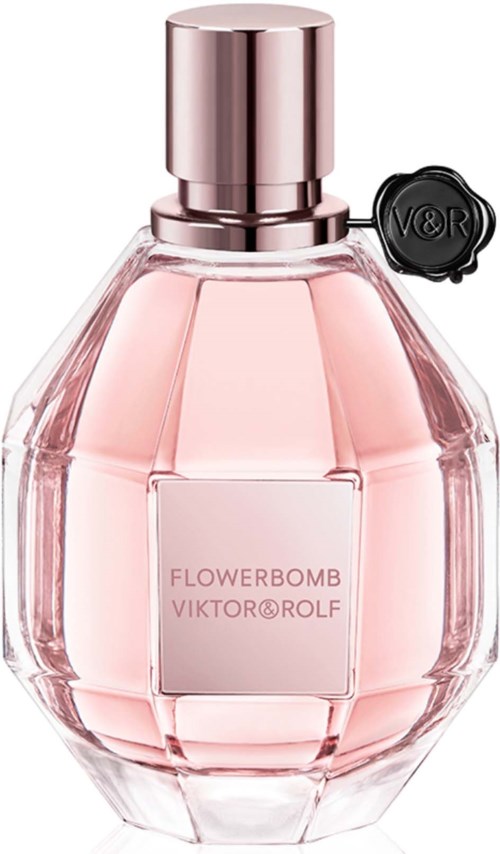 Een roze parfumfles met ronde, facetvormige design en zilveren dop, gelabeld 'FLOWERBOMB VIKTOR&ROLF'.