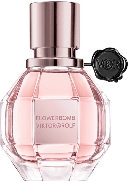 Een roze parfumfles met een ronde, dikke glazen body en een glanzende, metalen dop. Het heeft een label dat zegt 'FLOWERBOMB VIKTOR&ROLF.'