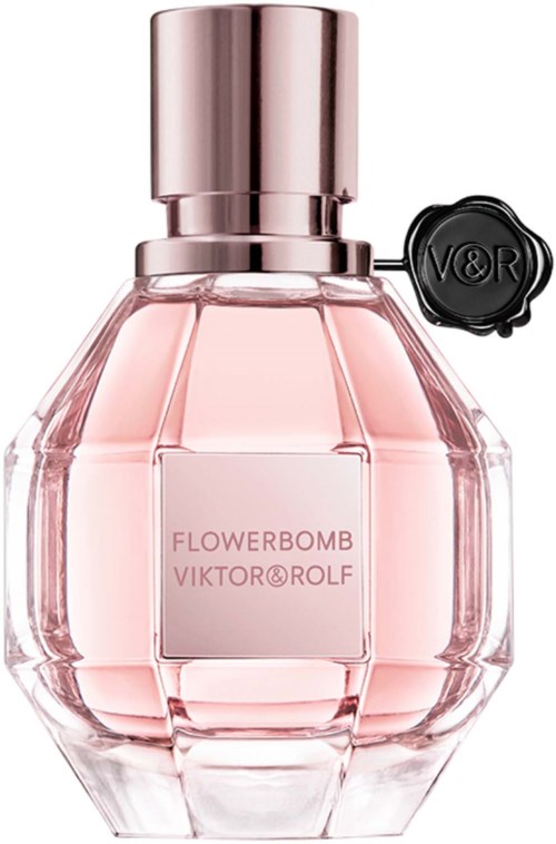 Eine rosa Parfümflasche mit einem Etikett, das 'FLOWERBOMB VIKTOR & ROLF' sagt. Sie hat einen metallicfarbenen Verschluss und eine Versiegelung.