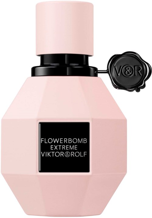 En rosa parfymflaska med ett svart band och en etikett som säger "FLOWERBOMB EXTREME VIKTOR&ROLF."