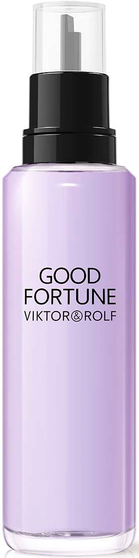 En lila sprayflaska med svart lock och genomskinlig pump. Den har orden "Good Fortune" och "Viktor & Rolf" på sig.