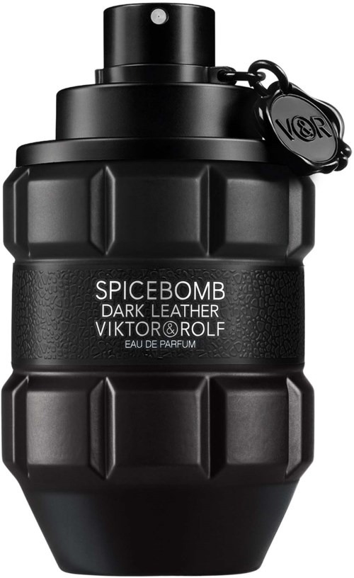Een zwarte, granaatvormige fles met het label Spicebomb Dark Leather door Viktor & Rolf, met een kleine dop en label.