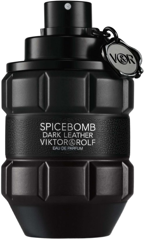 Een zwart parfumflesje in de vorm van een handgranaat met label SPICEBOMB DARK LEATHER.