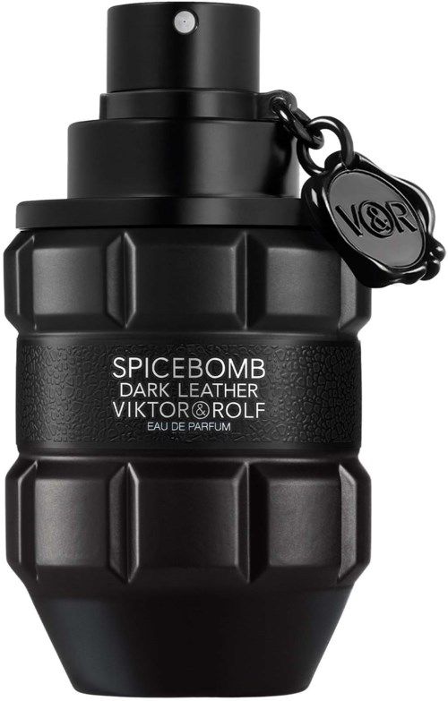Een zwarte parfumfles die eruitziet als een handgranaat, met label "SPICEBOMB DARK LEATHER."