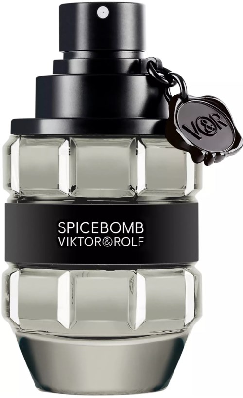 Een glazen bomvormige fles met het label Spicebomb Viktor Rolf, zwarte dop en sleutelhanger.