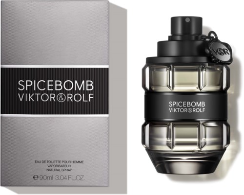 Een parfumfles en doos met het label Spicebomb Viktor & Rolf, zwart en zilverkleurig ontwerp.