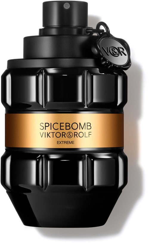 Een zwart, granaatvormige fles met een gouden label met de tekst 'SPICEBOMB VIKTOR & ROLF EXTREME'.