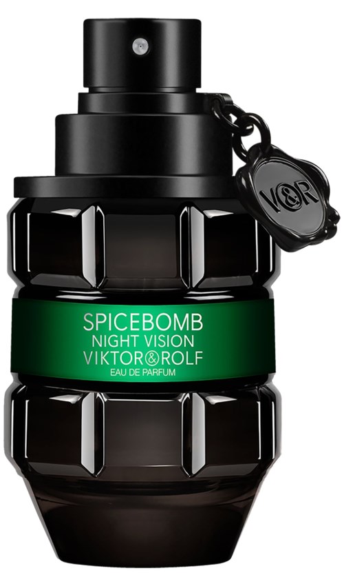 En svart parfymflaska formad som en granat med en grön etikett som säger 'Spicebomb Night Vision' av Viktor&Rolf.
