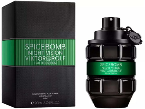 Een zwarte granaatvormige fles met Viktor & Rolf Spicebomb Night Vision parfum en bijpassende doos.