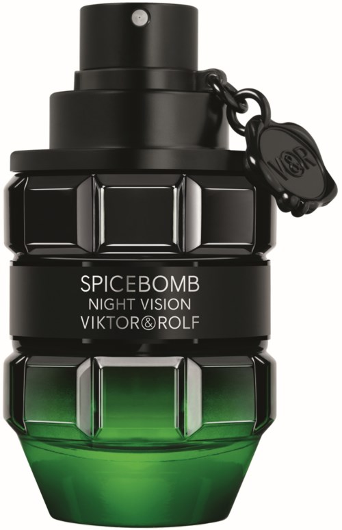 En liten svart och grön pryl som liknar en handgranat med etiketten "SPICEBOMB NIGHT VISION".