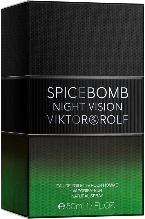 En svart och grön förpackning med text om spicebomb night vision doften för män.