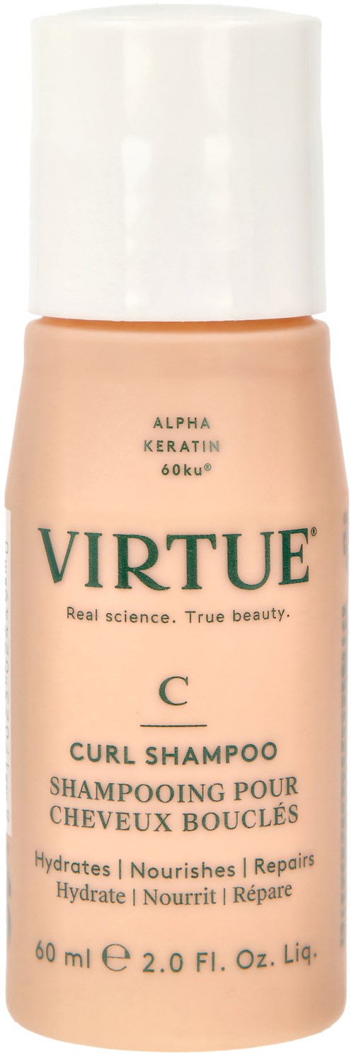 En flaska Virtue Curl Shampoo, 60 ml, med vit lock och rosa kropp, med varumärke och produktdetaljer.