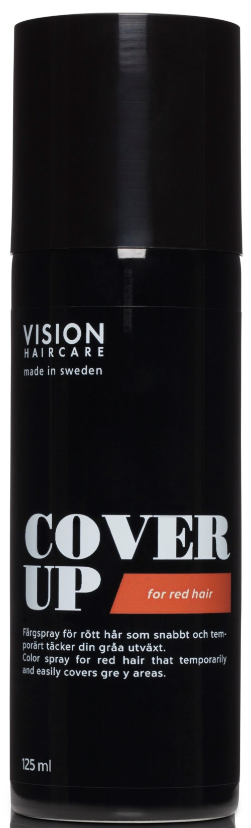 En svart sprayflaska med vitt och rött text från VISION HAIRCARE för att tillfälligt täcka rödhårighet.