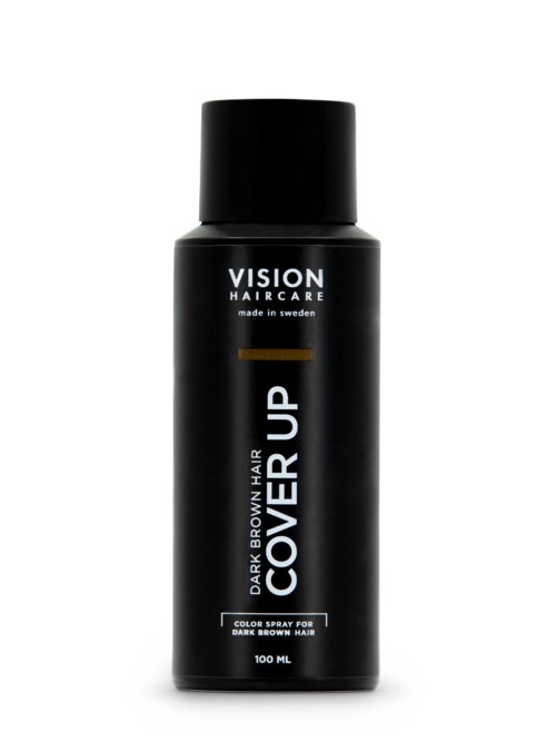 Dunkelbrauns Haarspray in schwarzer Flasche mit weißen und goldenen Text, beschriftet "Cover Up".