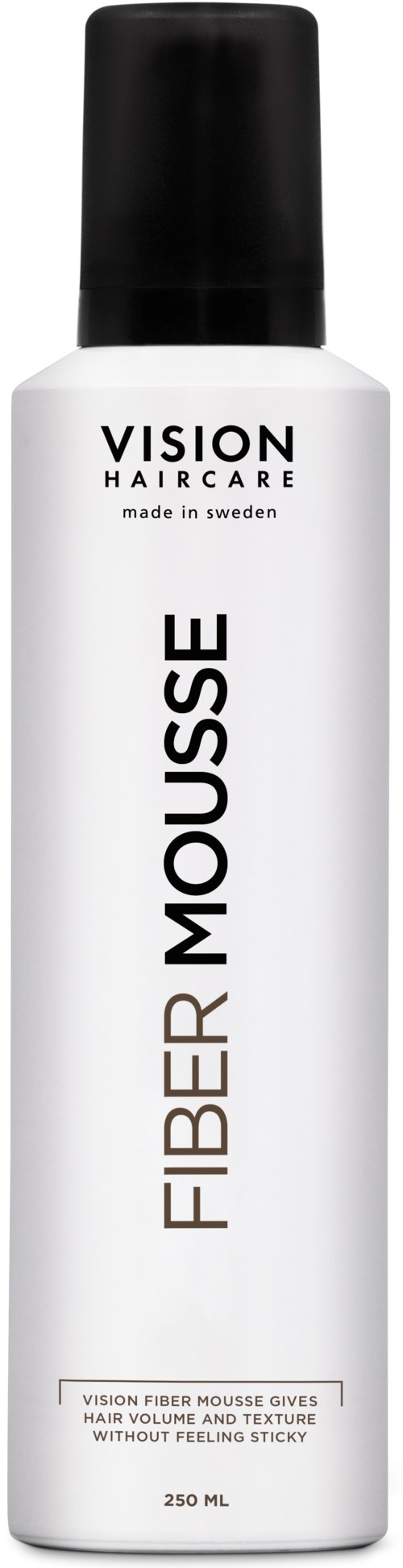 Eine weiße Flasche mit schwarzem Deckel, beschriftet 'Vision Fiber Mousse' zur Haarpflege, hergestellt in Schweden.